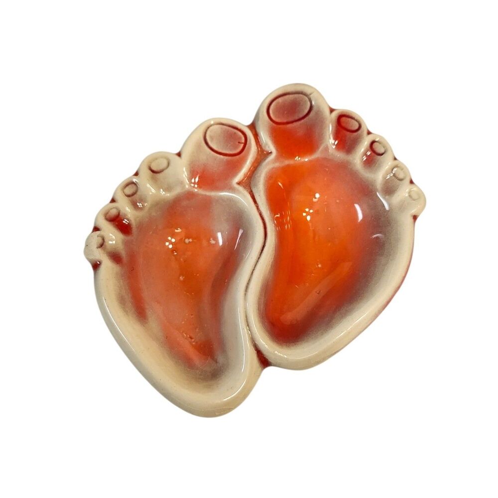 Vintage Ceramic Feet Ashtray Trinket Dish Toes Orange and White 3.5" wide / tall - Picture 1 of 4